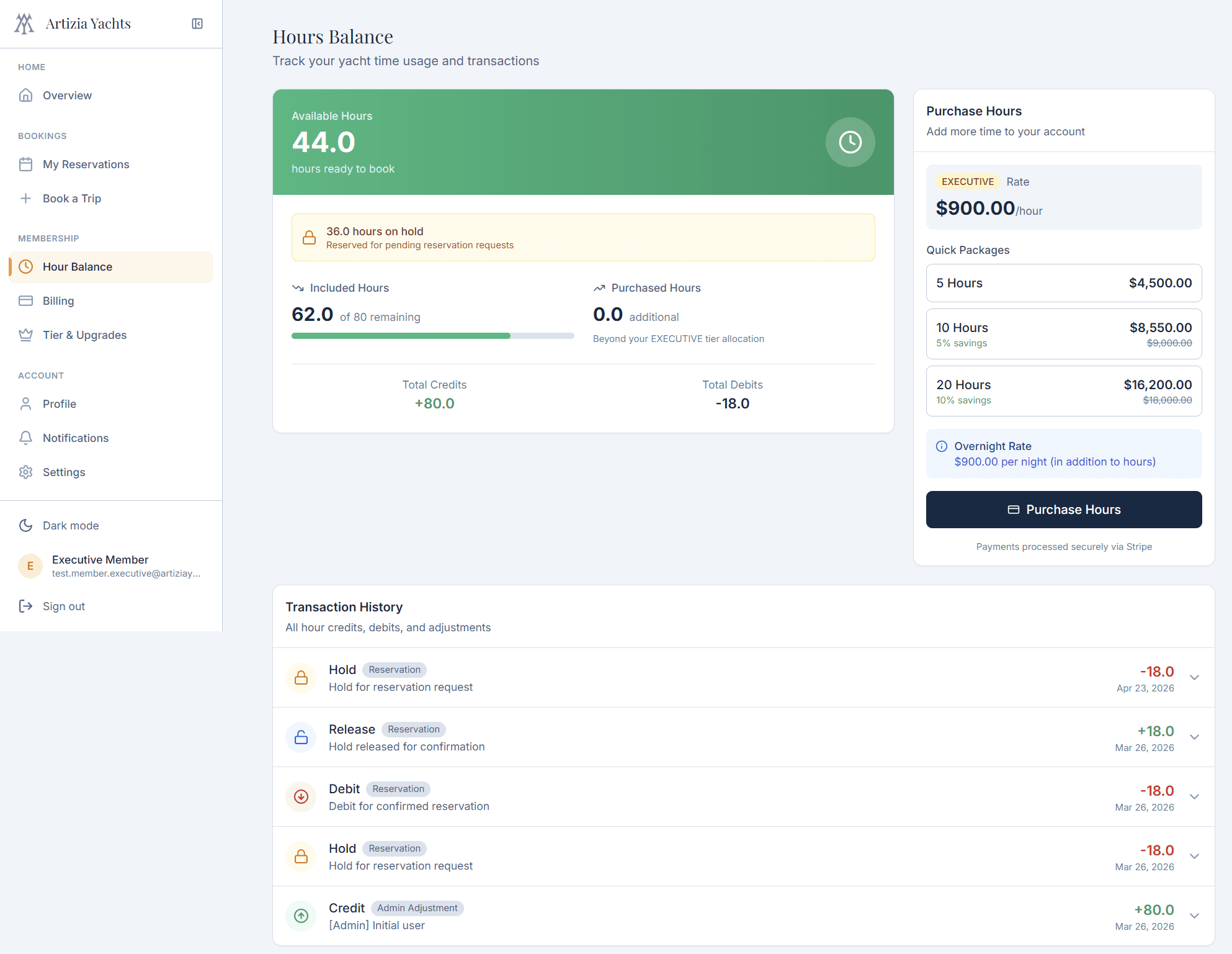 Hour balance and transaction history