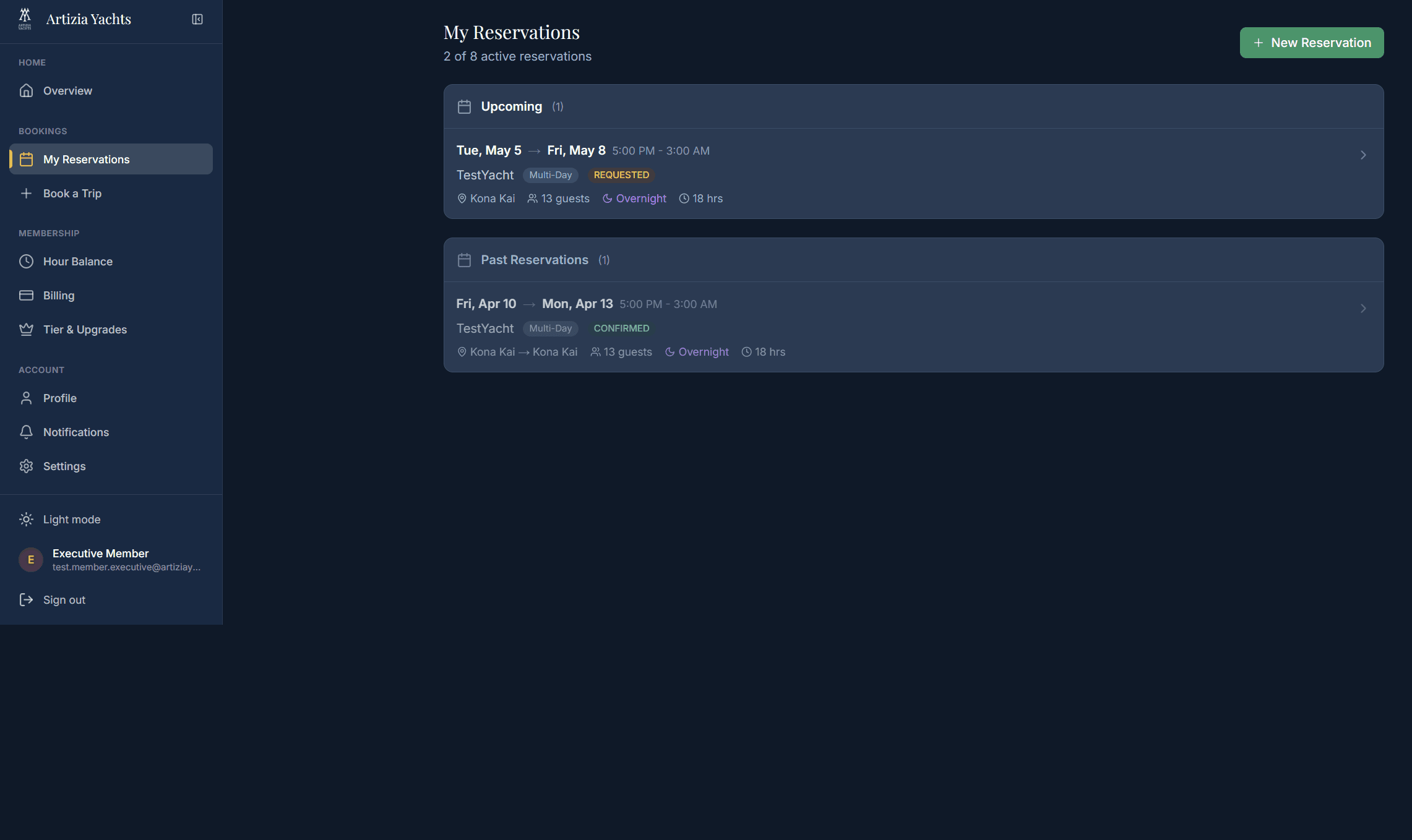 Upcoming and past reservations with status badges