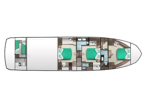 Galeon 640 Fly lower deck floorplan with three master cabin layout