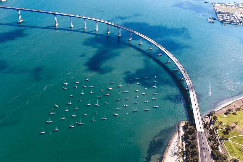 The San Diego–Coronado Bay Bridge arching over San Diego Bay at twilight